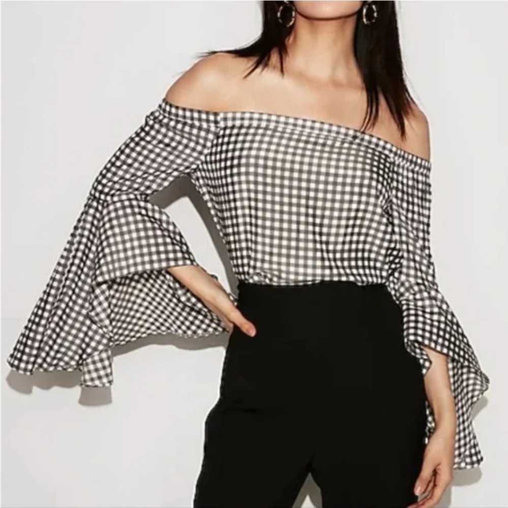 Express gingham off the shoulder top with full bell sleeves size large